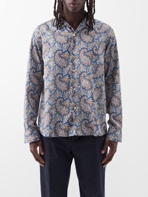 Etro - Cuban-collar Paisley-print Cotton Shirt - Mens - Blue Multi