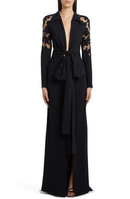 Etro Cutout Long Sleeve Tulle & Crepe Tie Front Gown in 0001 - Nero