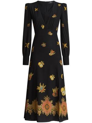 ETRO embroidered long-sleeve silk dress - Black
