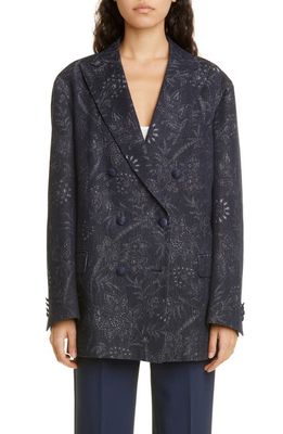 Etro Floral Double Breasted Cotton Blend Jacket in Navy