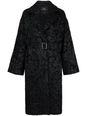 ETRO floral-embroidered belted coat - Black