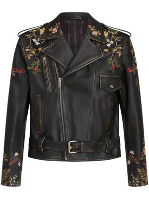 ETRO floral-embroidery leather biker jacket - Black
