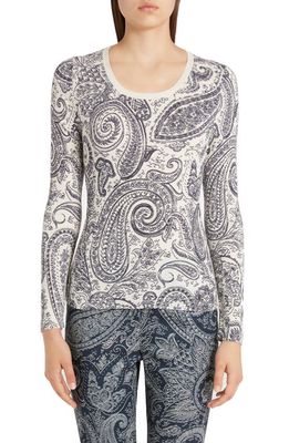 Etro Floral Paisley Scoop Neck Silk & Cotton Blend Top in White