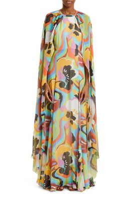 Etro Floral Print Cape Sleeve Silk Maxi Dress in Multi
