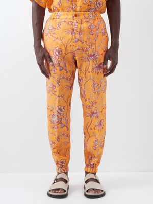 Etro - Floral-print Elasticated-cuff Linen-twill Trousers - Mens - Orange Multi