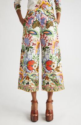 Etro Floral Print High Waist Crop Wide Leg Trousers in Print On White Base
