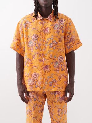 Etro - Floral-print Short-sleeved Linen-twill Shirt - Mens - Orange Multi