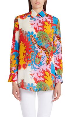 Etro Floral Print Silk Button-Up Blouse in Red