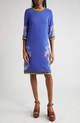 Etro Floral Print Stretch Crepe Shift Dress in Print On Blue Base