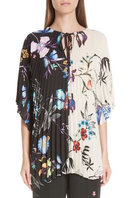 Etro Floral Print Two-Tone Pleated Top in White