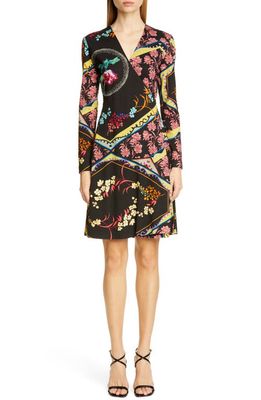 Etro Mixed Floral Long Sleeve Wool Jersey Dress in Black