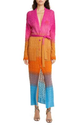 Etro Ombré Colorblock Cable Knit Wool Long Cardigan in Orange Multi