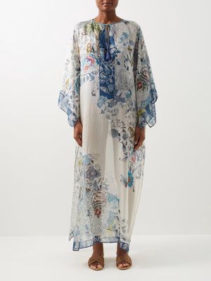 Etro - Orion-print Gingham-voile Silk Kaftan - Womens - Blue Print