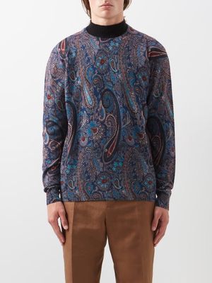 Etro - Paisley-jacquard Wool Sweater - Mens - Blue Multi