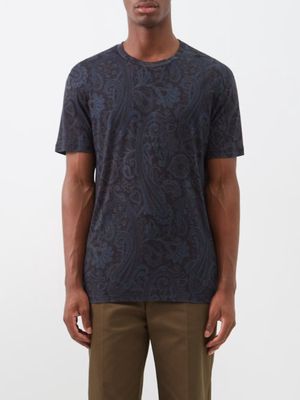 Etro - Paisley-print Piqué T-shirt - Mens - Dark Blue