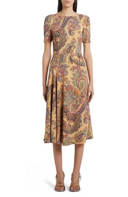 Etro Paisley Short Sleeve Crepe A-Line Dress in 0800 - Beige