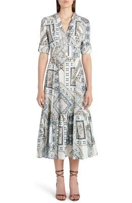 Etro Patchwork Print Cotton A-Line Midi Dress in Ivory/Blue