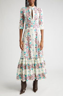 Etro Placed Floral Print Cotton Maxi Dress in Print On White Base