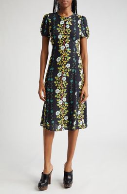 Etro Placed Floral Print Puff Sleeve Dress in Print On Black Base