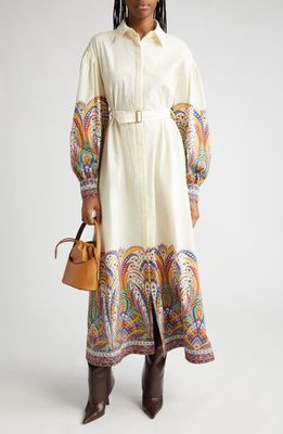 Etro Placed Paisley Long Sleeve Cotton Shirtdress in Print On White Base