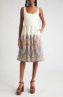 Etro Placed Paisley Print Tie Back Cotton Sundress in Print On White Base