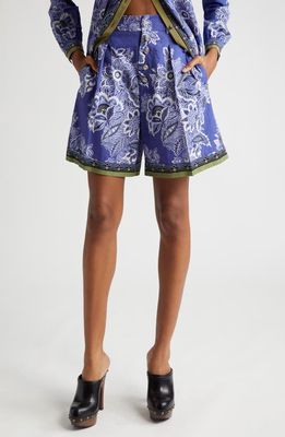 Etro Pleated Floral High Waist Cotton Shorts in Print On Blue Base