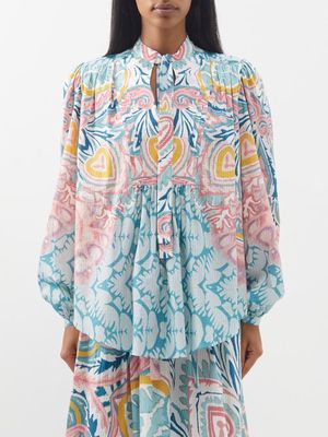 Etro - Pussy-bow Printed Cotton-blend Voile Blouse - Womens - Blue Multi