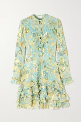 Etro - Ruffled Metallic Floral-jacquard Silk-chiffon Mini Dress - Blue