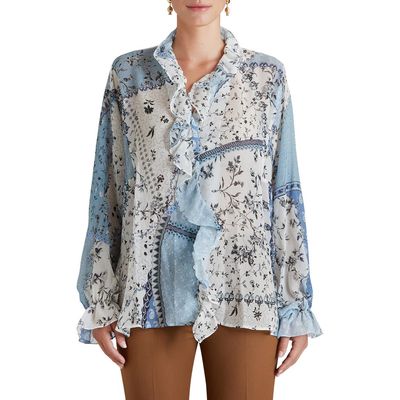 Etro Sicilia Floral Patchwork Ruffle Silk Blouse in Light Blue 0250 at Nordstrom, Size 12 Us