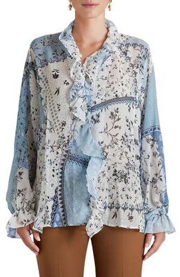 Etro Sicilia Floral Patchwork Ruffle Silk Blouse in Light Blue 0250