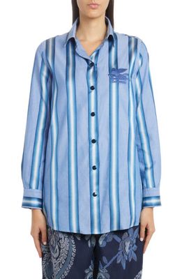 Etro Stripe Embroidered Pegasus Cotton & Silk Shirt in Blue 400