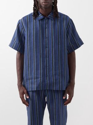 Etro - Striped Linen Short-sleeved Shirt - Mens - Blue Multi