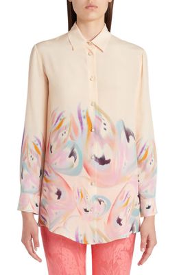 Etro Watercolor Floral Silk Button-Up Blouse in Beige