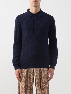 Etro - Wool-blend Jacquard-knit Polo Top - Mens - Navy