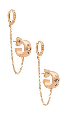 Ettika Double Piercing Chain Hoop Earrings in Metallic Gold.