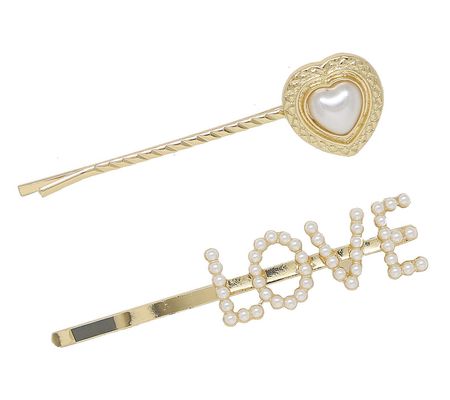 Ettika Faux Pearl Golden Love & Heart Hair Pin Set