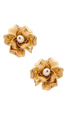Ettika Flower And Pearl Earrings in Metallic Gold.