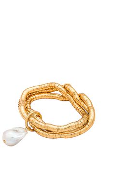 Ettika Liquid Gold and Pearl Bracelet in Metallic Gold.