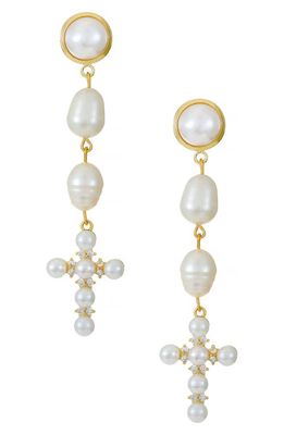 Ettika Pearl Cross Drop Earrings in Gold