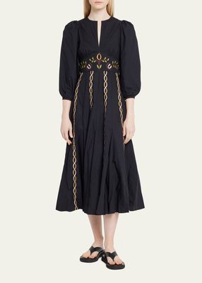 Eunice Puff-Sleeve Embroidered Midi Dress