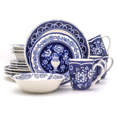 Euro Ceramica Blue Garden 16 Piece Dinnerware Set in Blue And White 16