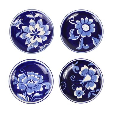Euro Ceramica Blue Garden 4 Piece Assorted Appetizer Plate Set in Blue And White 4