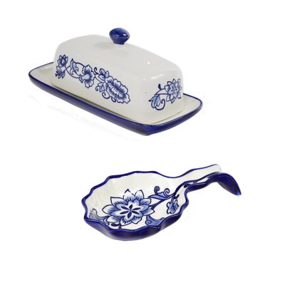 Euro Ceramica Blue Garden Butter Dish and Spoon Rest in Blue And White 2