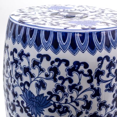 Euro Ceramica Blue Garden Lotus Drum Stool in Blue And White 11" x 10.75" x