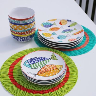 Euro Ceramica FreshCatch 12 Piece Dinnerware Set in White And Multicolor 12