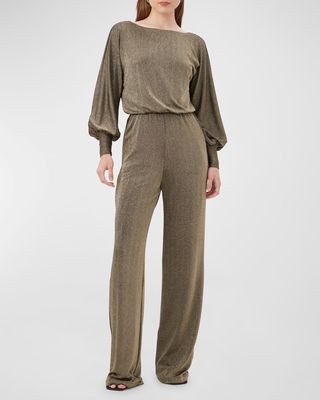 Europa Blouson-Sleeve Shimmer Jersey Jumpsuit