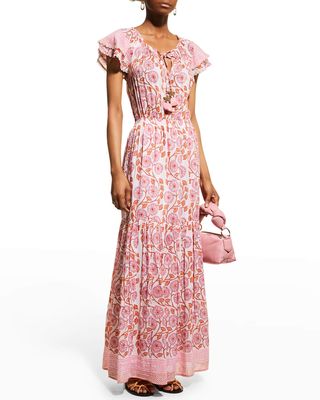 Eva Floral Cotton-Silk Tassel-Tie Maxi Dress