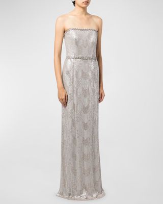 Evalina Crystal Embellished Herringbone Strapless Gown