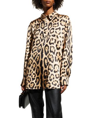 Evan Silk Button-Front Cheetah Shirt