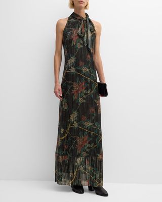 Evelina Metallic Floral-Print Maxi Dress
